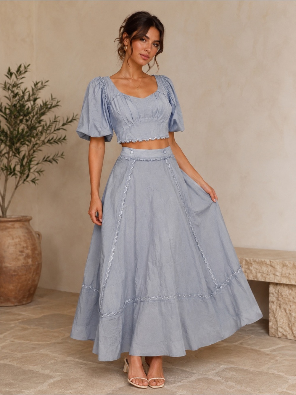 Light Blue Puff-Sleeve Crop Top and Maxi Skirt